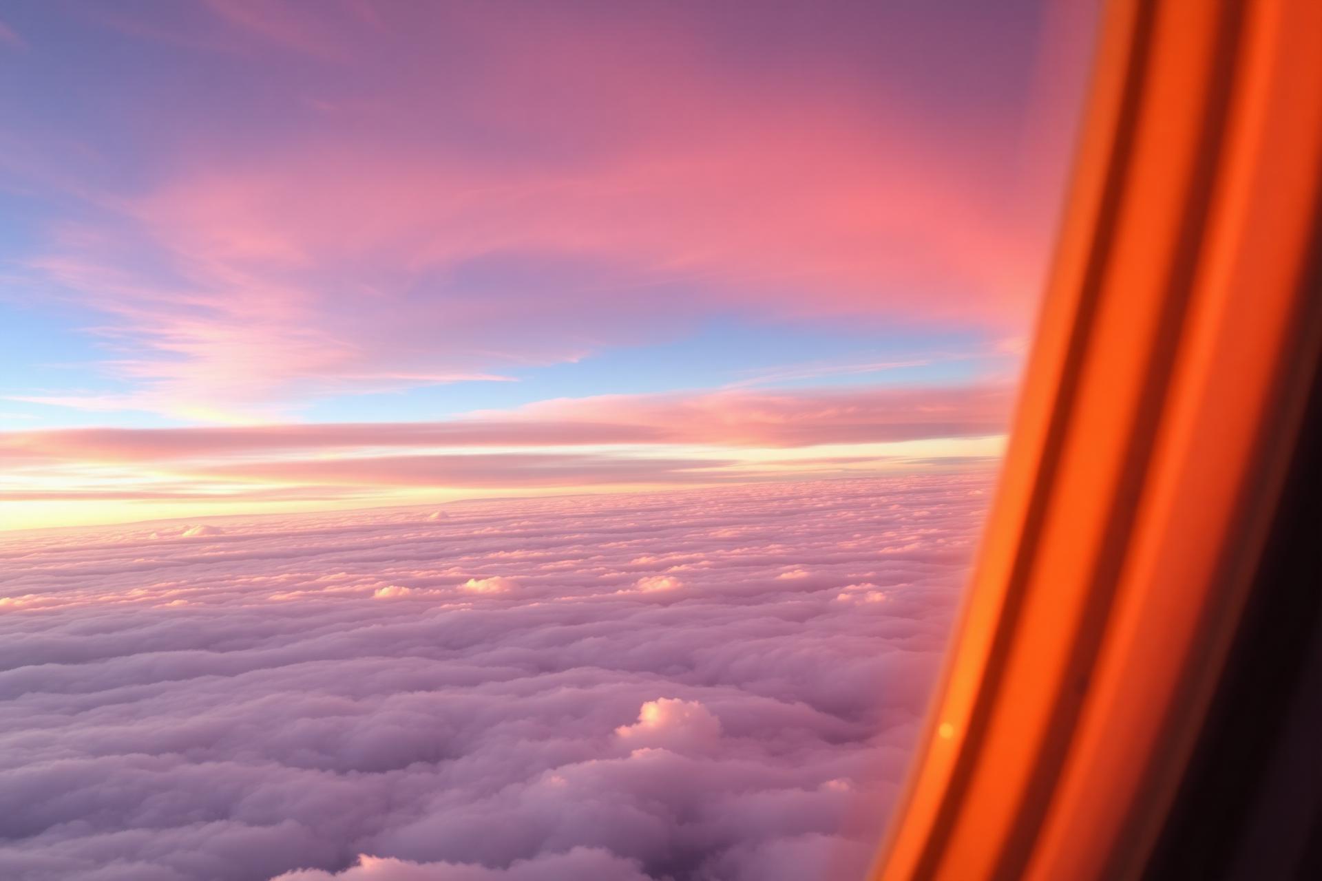 View of airplane wing above clouds at sunset